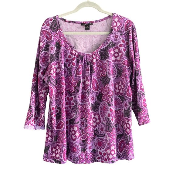 Woman August Silk Purple Paisley Floral Blend Pullover  3/4 Sleeve 3X - Picture 1 of 8